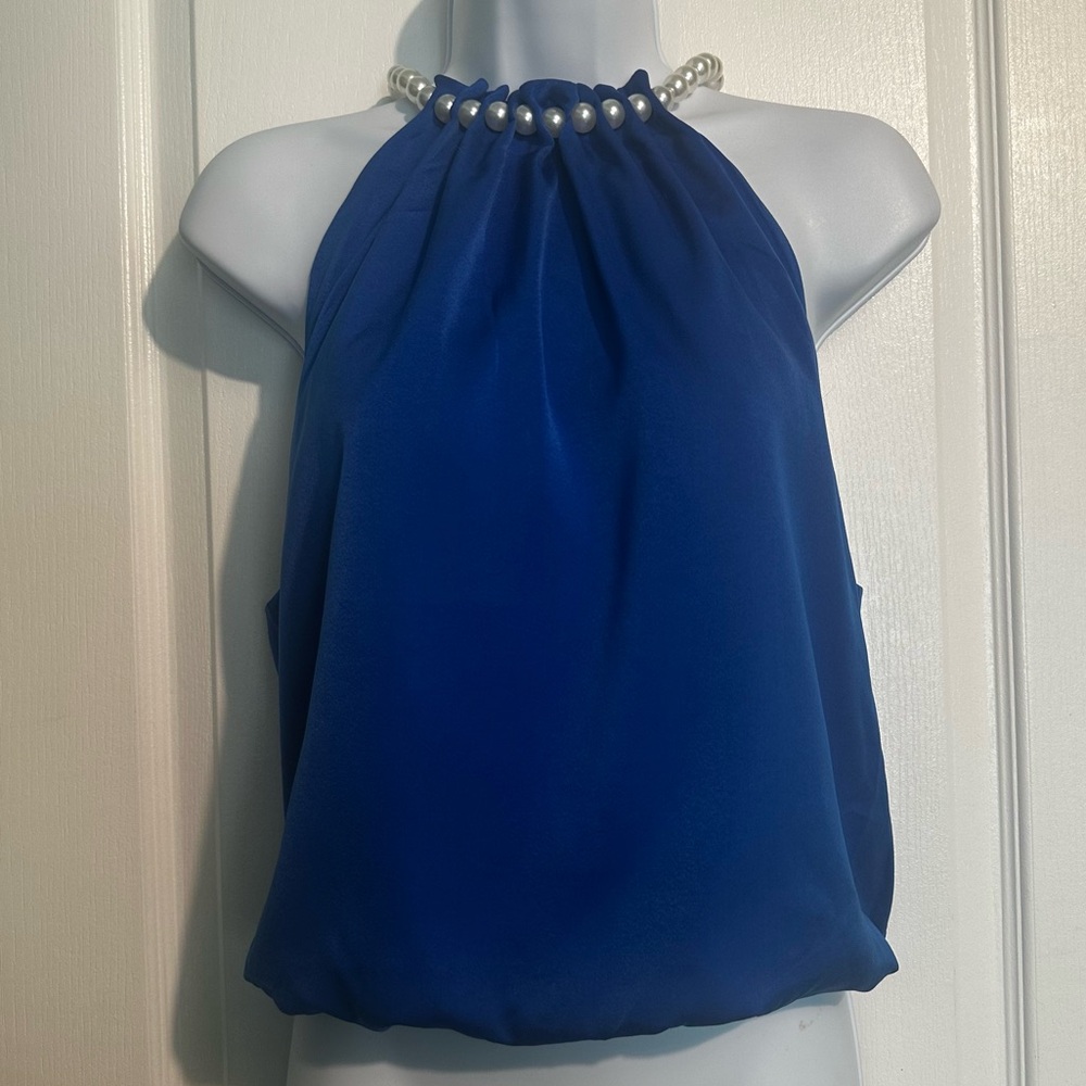 🎀Lulumari Royal Blue Halter Blouse with Pearl Accents